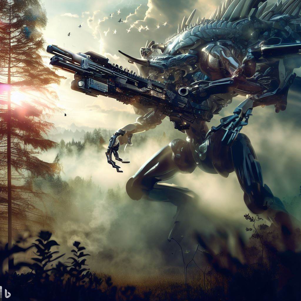 future mech dinosaur with guns fighting in tall forest, wildlife in foreground, surreal clouds, bloom, lens flare, glass body, h.r. giger style 4.jpg